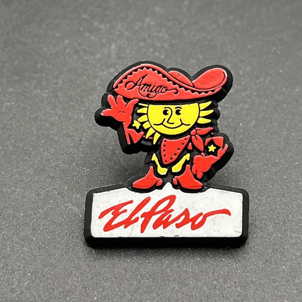 El Paso Texas Amigo Plastic Lapel Hat Pin Mascot Souvenir Red Yellow Vintage